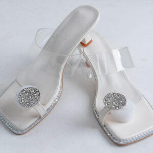 Elegant Crystal Button Transparent Heel Sandal – White