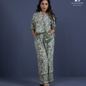 Elegant Olive Green & off white Printed Co-Ord Set