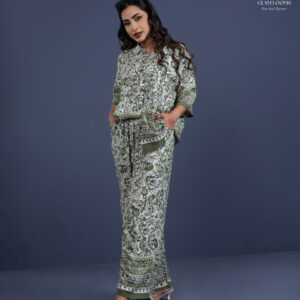 Elegant Olive Green & off white Printed Co-Ord Set