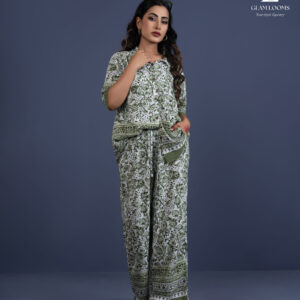 Elegant Olive Green & off white Printed Co-Ord Set