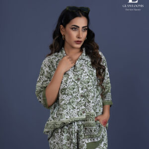 Elegant Olive Green & off white Printed Co-Ord Set