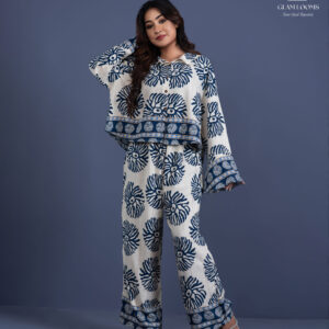 Stylish Cream & Navy Blue Printed Women Co-Ord Set