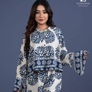 Stylish Cream & Navy Blue Printed Women Co-Ord Set